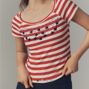 Anthropologie Striped Embroidered Flowers Scoop Neck Tee NWT M